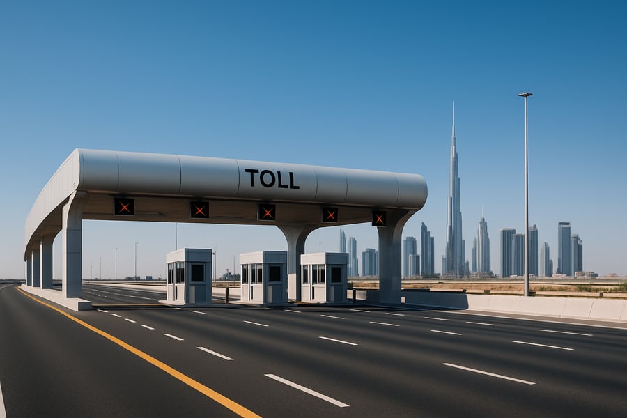 Modern toll road in Dubai with clear skies Modern toll road in Dubai with clear skies
