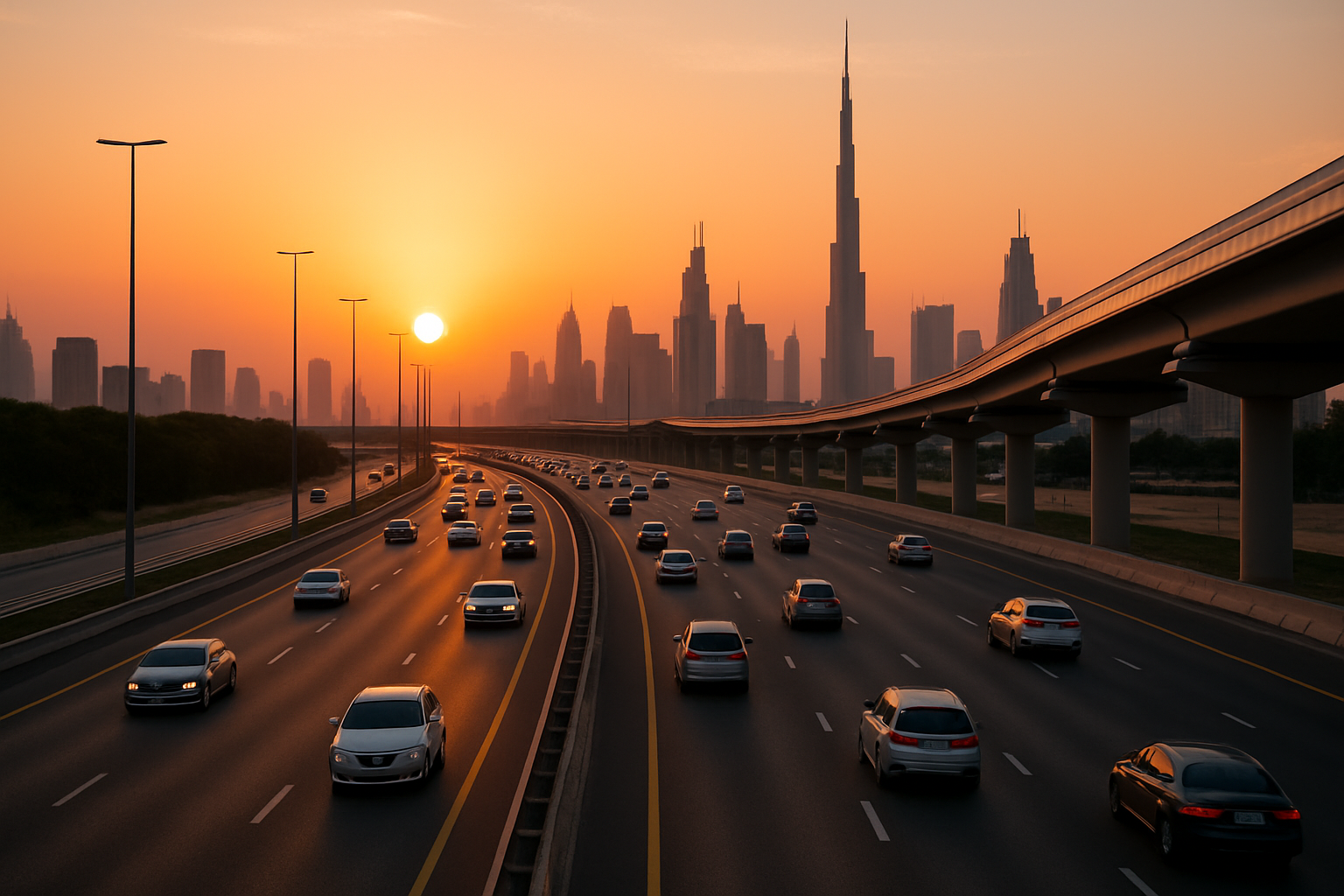 Smooth traffic flow on a Dubai expressway at sunset